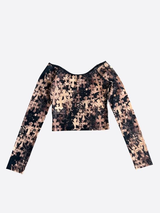 Chrome Hearts Tops - Chrome Hearts Brown All Over Cross Print Mesh Longsleeve Top